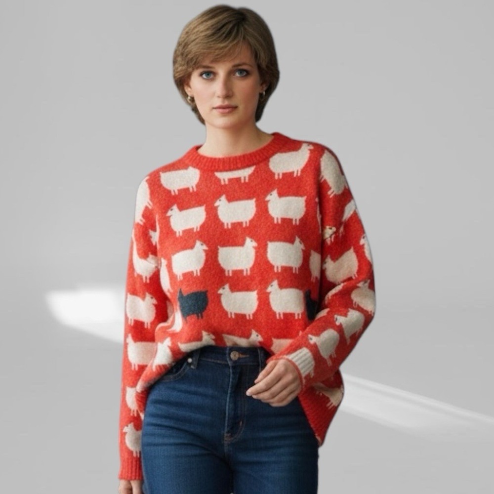 RARE Princess Diana Inspired Red Black Sheep Sweater Size Small 80s Jumper Icon - Picture 2 of 14
